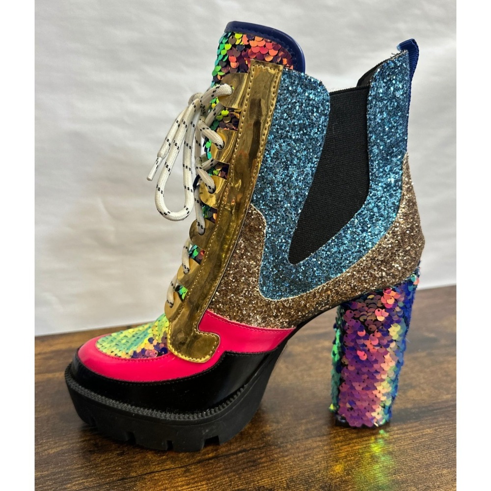 Cape Robbin Nell Glitter Chunky High Heel Platform Lace Up Boot Mermaid Womens 9 - Picture 16 of 16